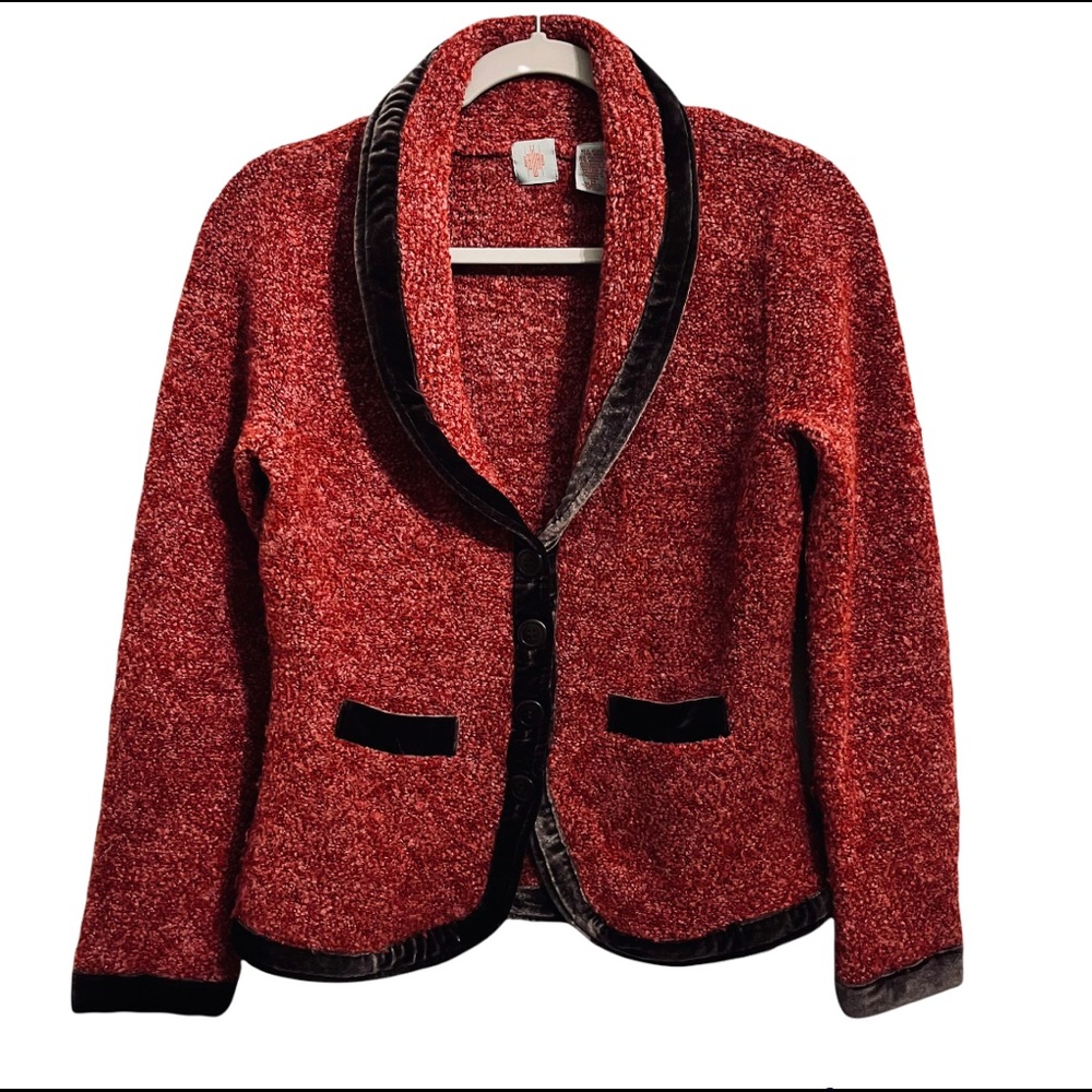 Anthropologie Monogram HWR Raspberry Knit Velvet Trim Sweater Blazer M